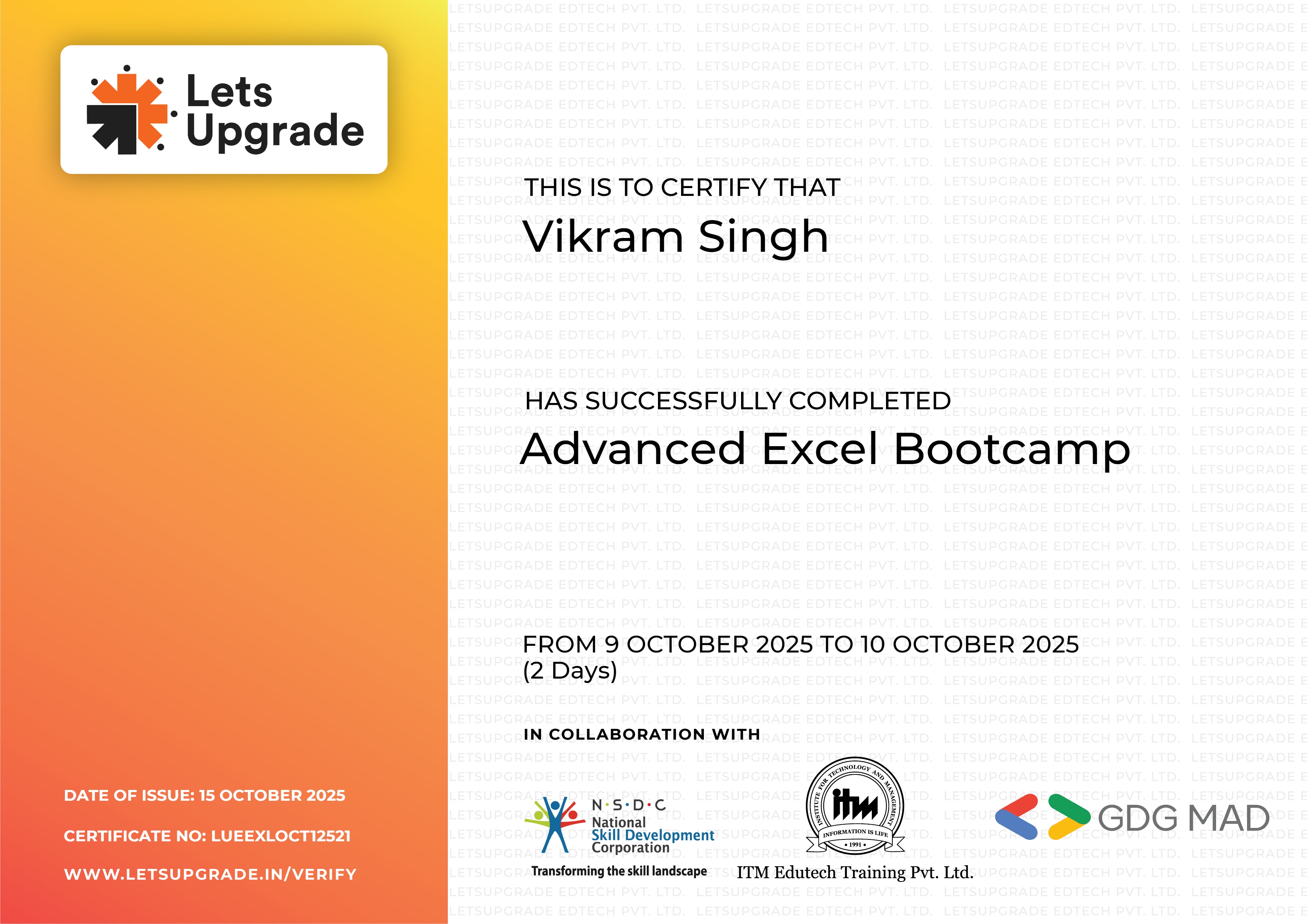 Advanced Excel Bootcamp certificate